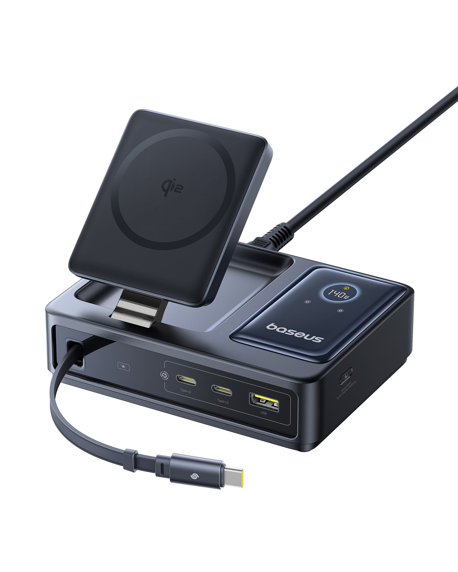 NOMOS 5-in-1 140W デスクトップ充電器 140W 巻き取り式USB-Cケーブル Qi2充電器 出力ディスプレイ内蔵